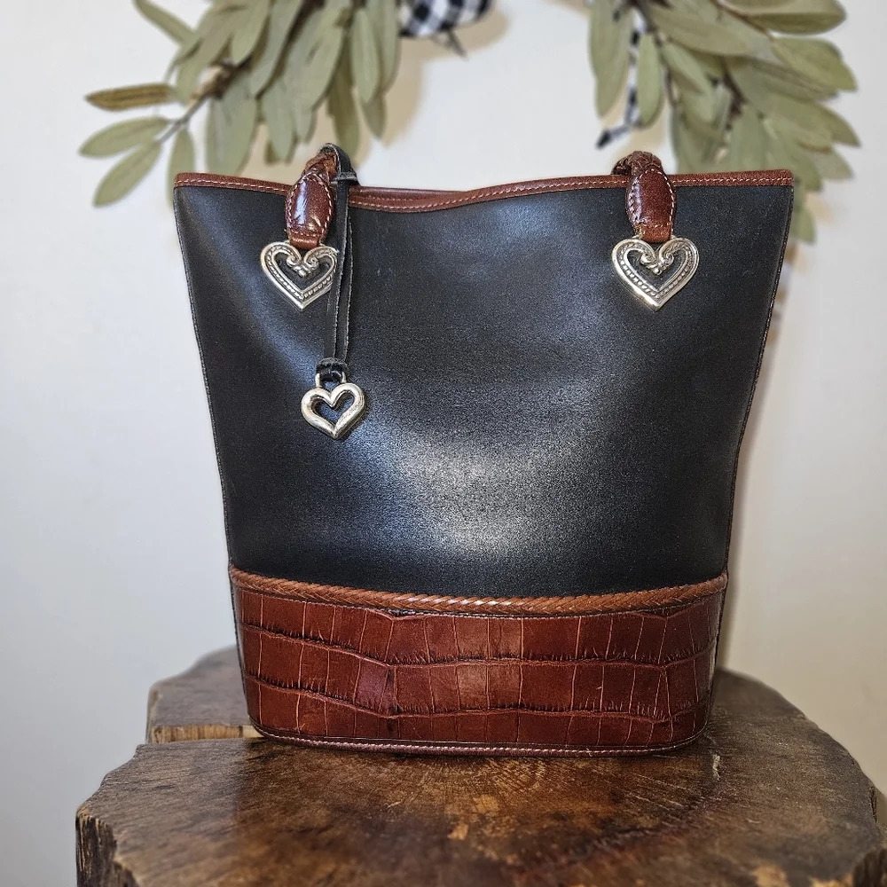 Brighton Black Bown Leather Medium Vintage Bucket Shoulderbag Croc A122150 NWT